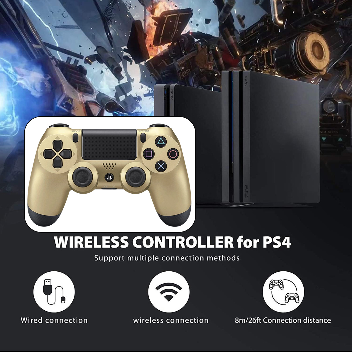 Goldener PS4 Controller mit zwei schwarzen PS4 Konsolen im Hintergrund.