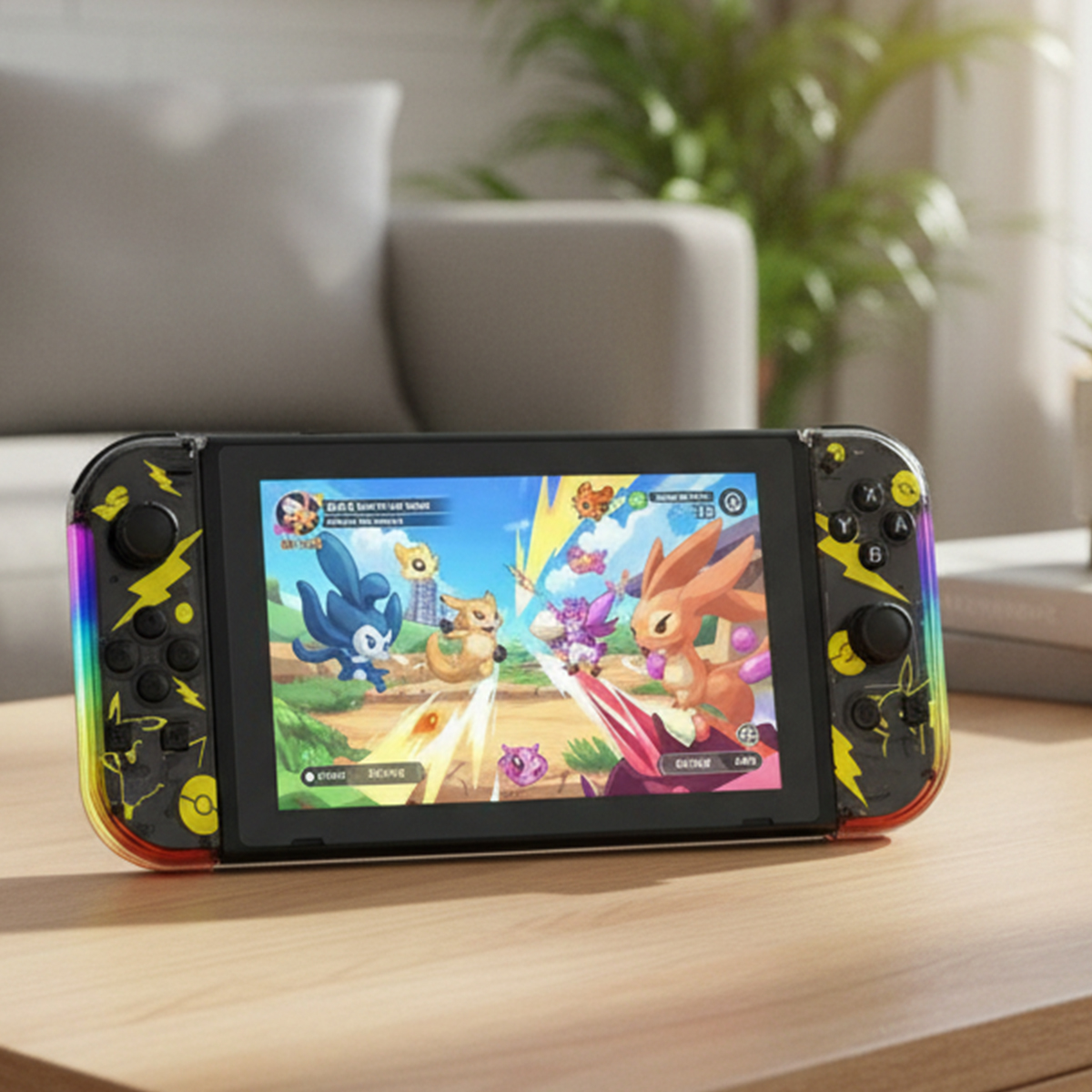 Nintendo Switch mit bunter Hülle zeigt ein Anime-Kampfspiel mit bunten Kreaturen.