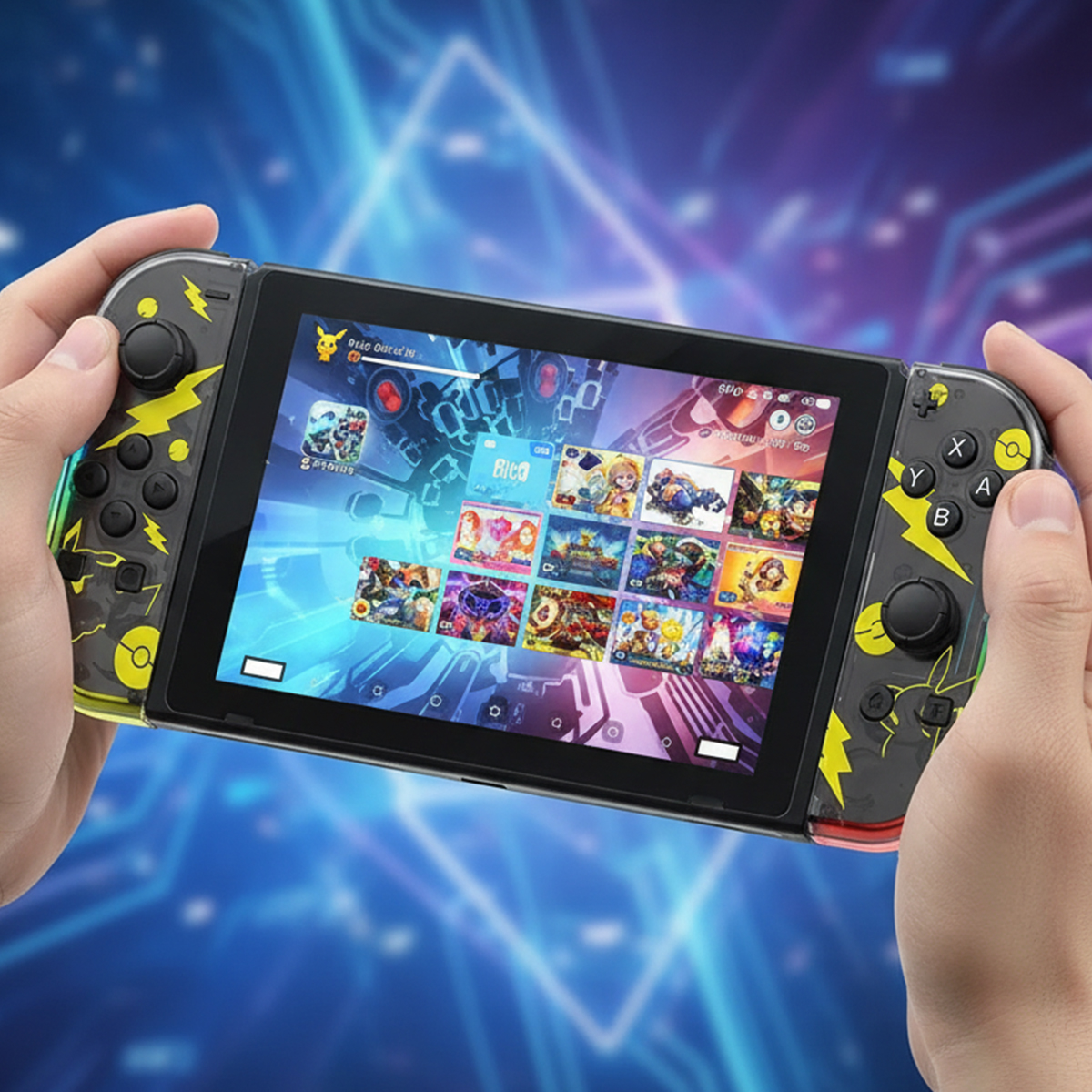 Ein Händchen hält eine Nintendo Switch mit Pokémon-Design. Der Bildschirm zeigt ein Spielmenü mit vielen Spielen.