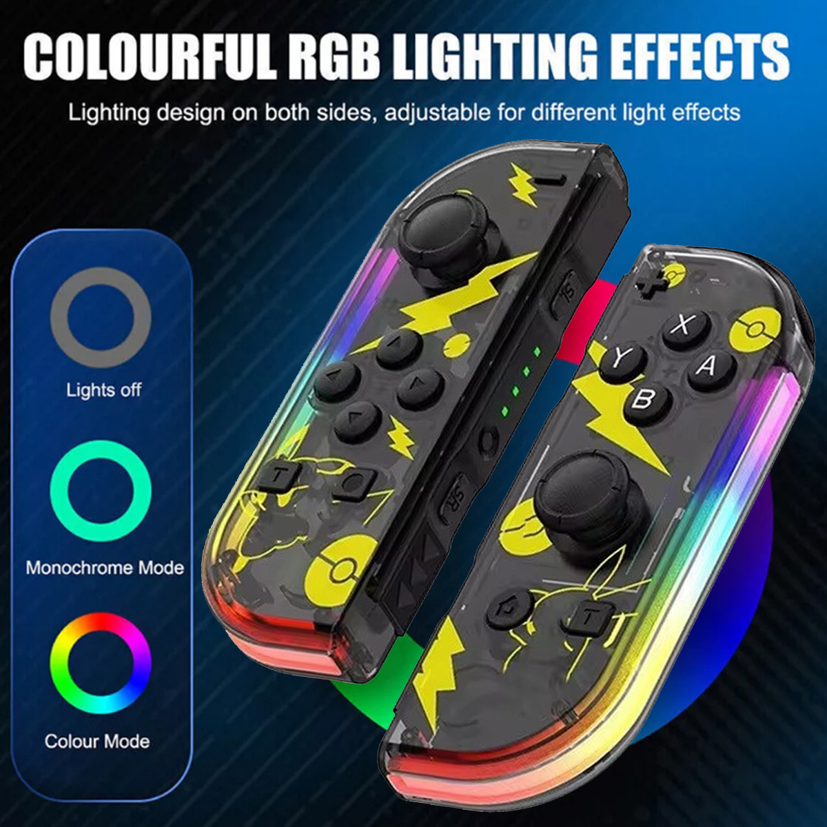Zwei transparente Controller mit gelben Blitzen und bunten Lichtern.