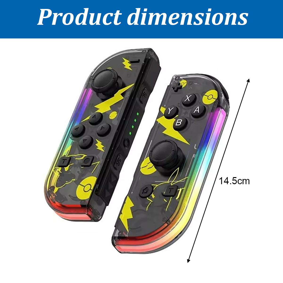 Zwei transparente Controller mit gelben Blitzen und Regenbogenlicht. 14,5 cm lang.