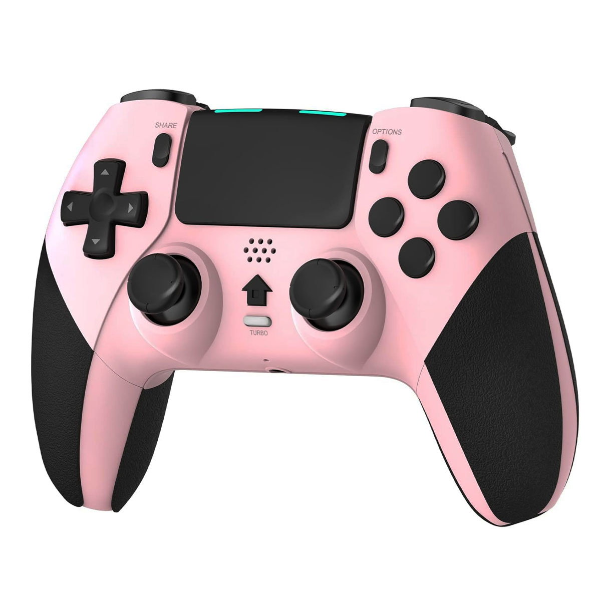 Ein rosafarbener Gaming-Controller mit schwarzen Griffen und Tasten.