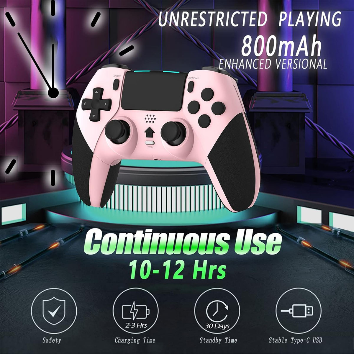 Ein rosafarbener Controller mit schwarzem Griff, 800mAh Akku, 10-12 Std. Spielzeit.