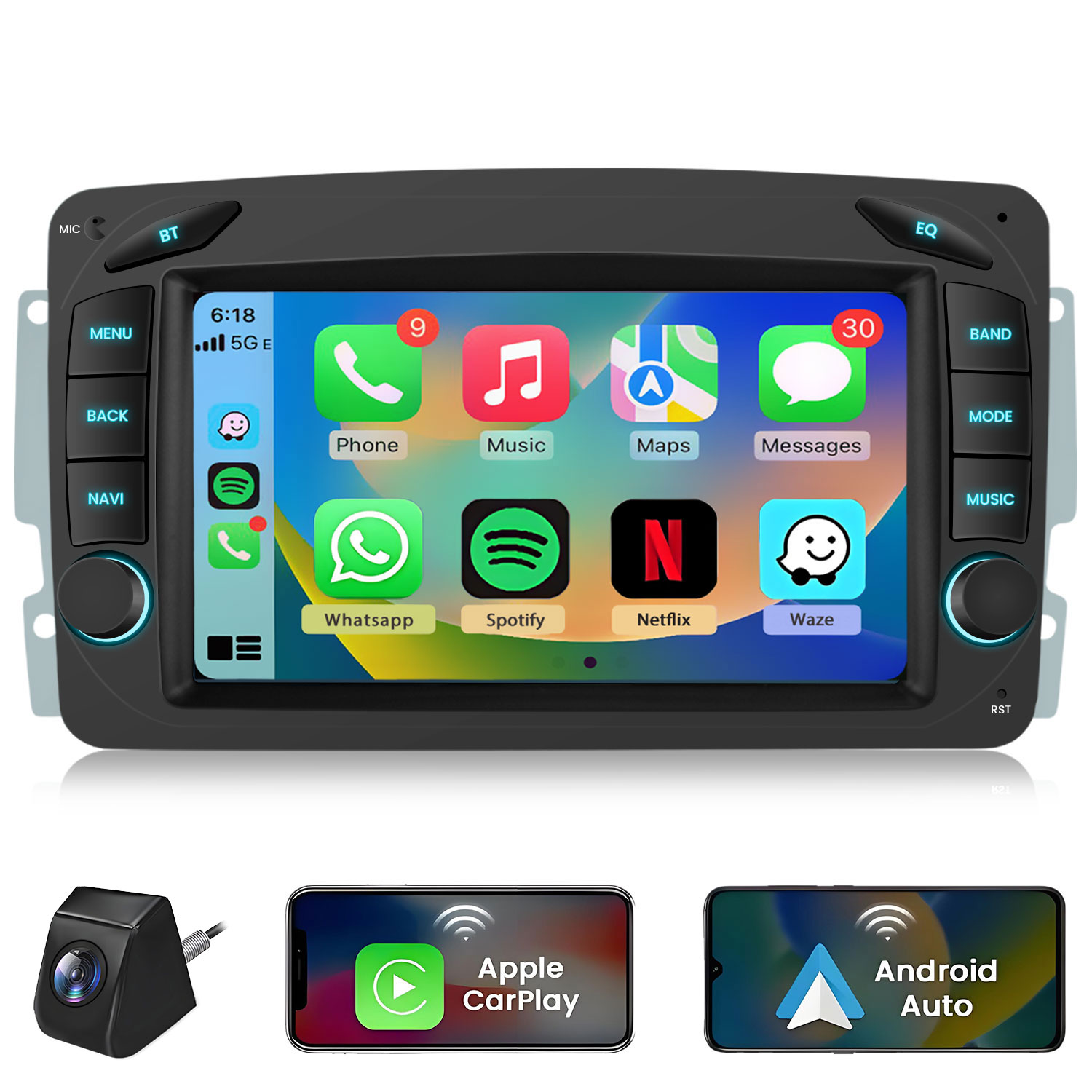 Radio samochodowe z ekranem dotykowym wyświetlające aplikacje Telefon, Muzyka i Mapy. Poniżej kamera i smartfony z Apple CarPlay i Android Auto.