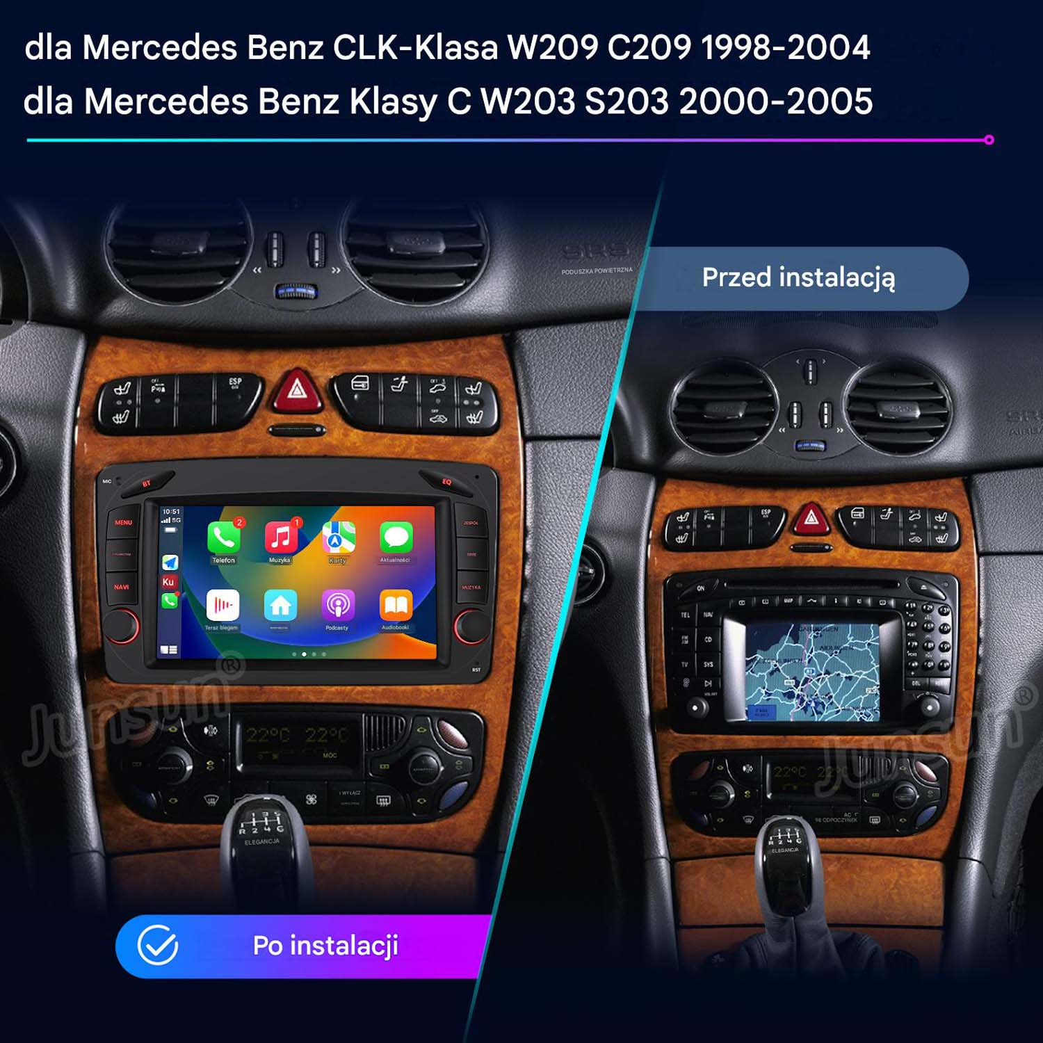 Porównanie wnętrz Mercedesa przed i po instalacji nowego systemu multimedialnego.