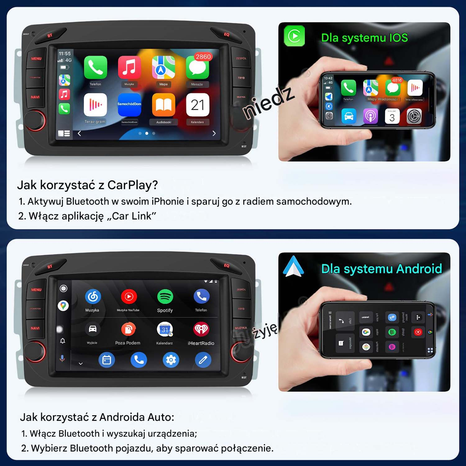 Ekran radia samochodowego z interfejsami Apple CarPlay i Android Auto.