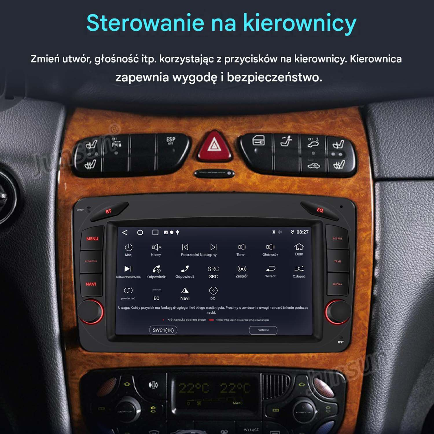 Wyświetlacz radia samochodowego z drewnianym wykończeniem i przyciskami.