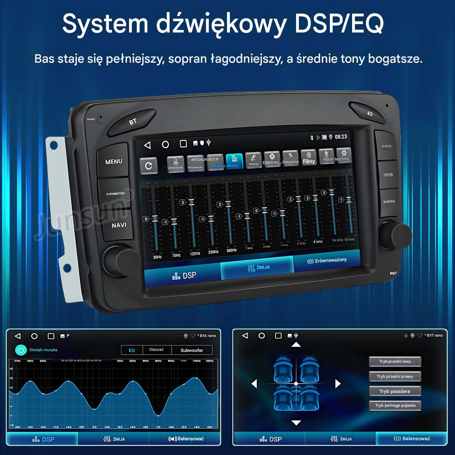 Ekran radia samochodowego wyświetlający ustawienia DSP/EQ z suwakami i pasmami częstotliwości.
