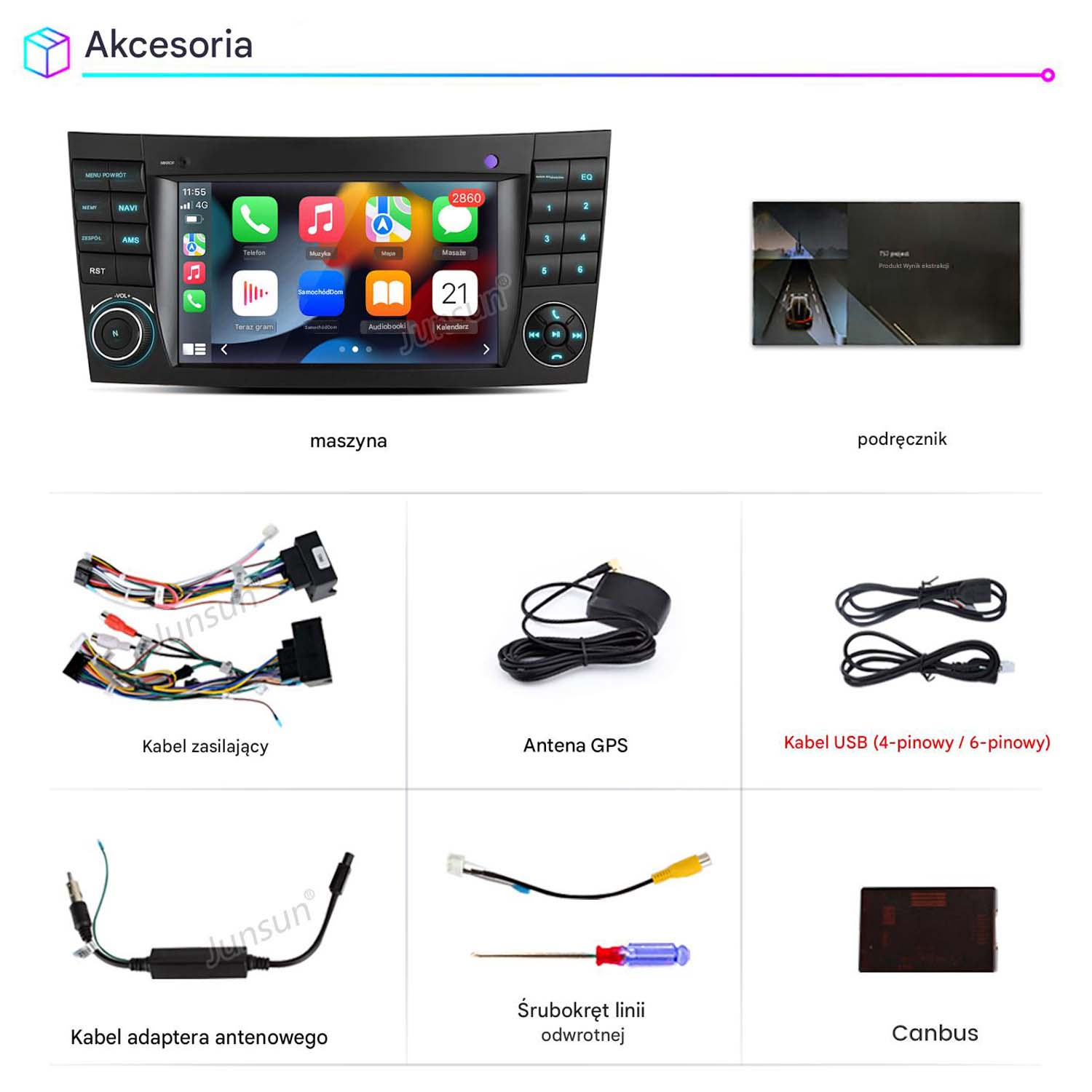 System infotainment z ekranem dotykowym, anteną GPS, kablami, śrubokrętem i Canbus.