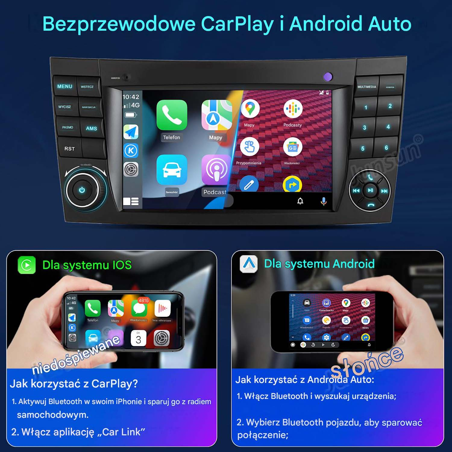 Ekran radia samochodowego pokazuje aplikacje CarPlay i Android Auto, obok ekrany telefonów.