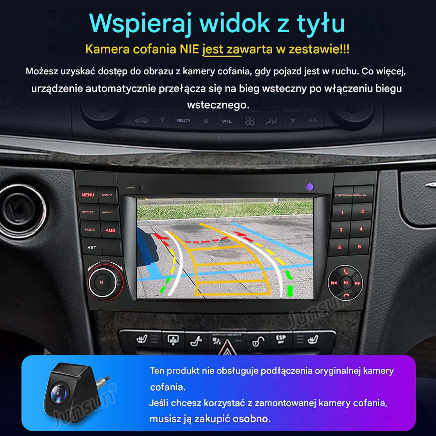 Radio samochodowe wyświetla widok kamery cofania z liniami parkowania i ikoną małej kamery.