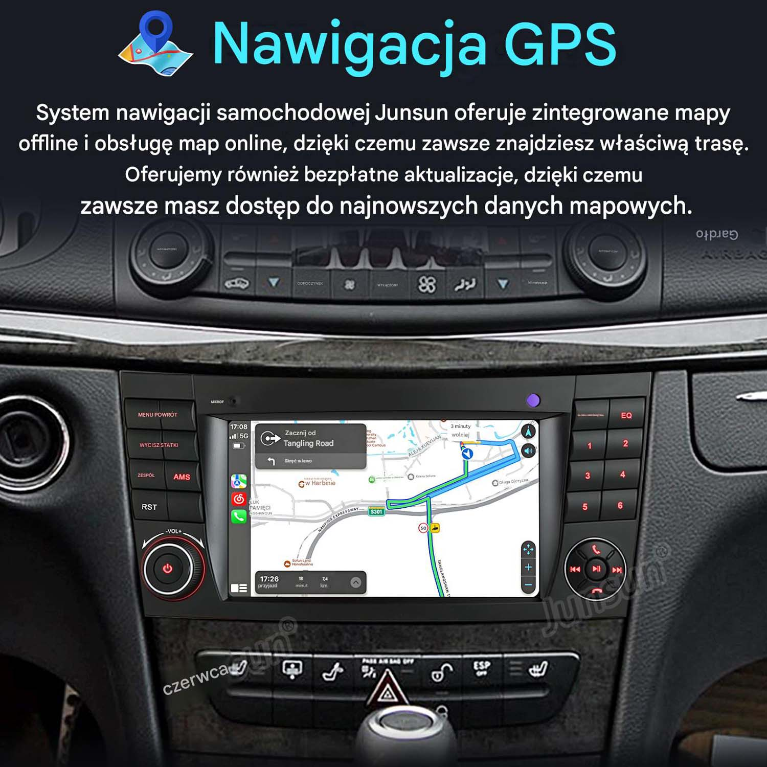 Samochodowy system nawigacji z wyświetlaczem GPS i przyciskami na desce rozdzielczej.