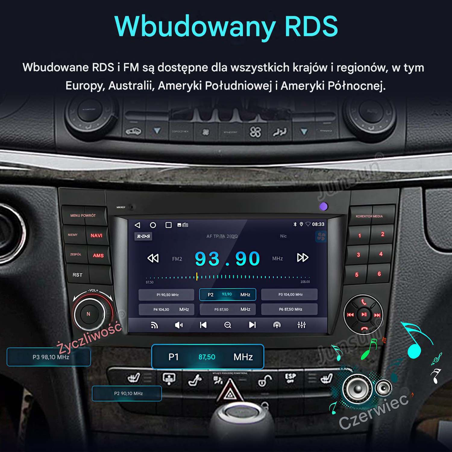 Radio samochodowe z RDS i FM, wyświetla 93.90 MHz. Widoczne przyciski i pokrętło.