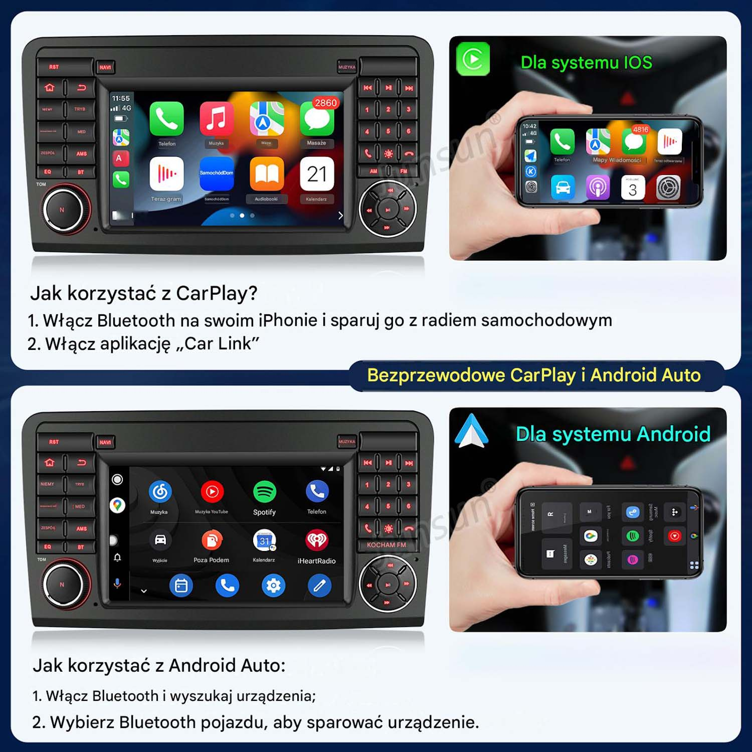 Zrzuty ekranu systemów infotainment samochodu dla iOS i Android.