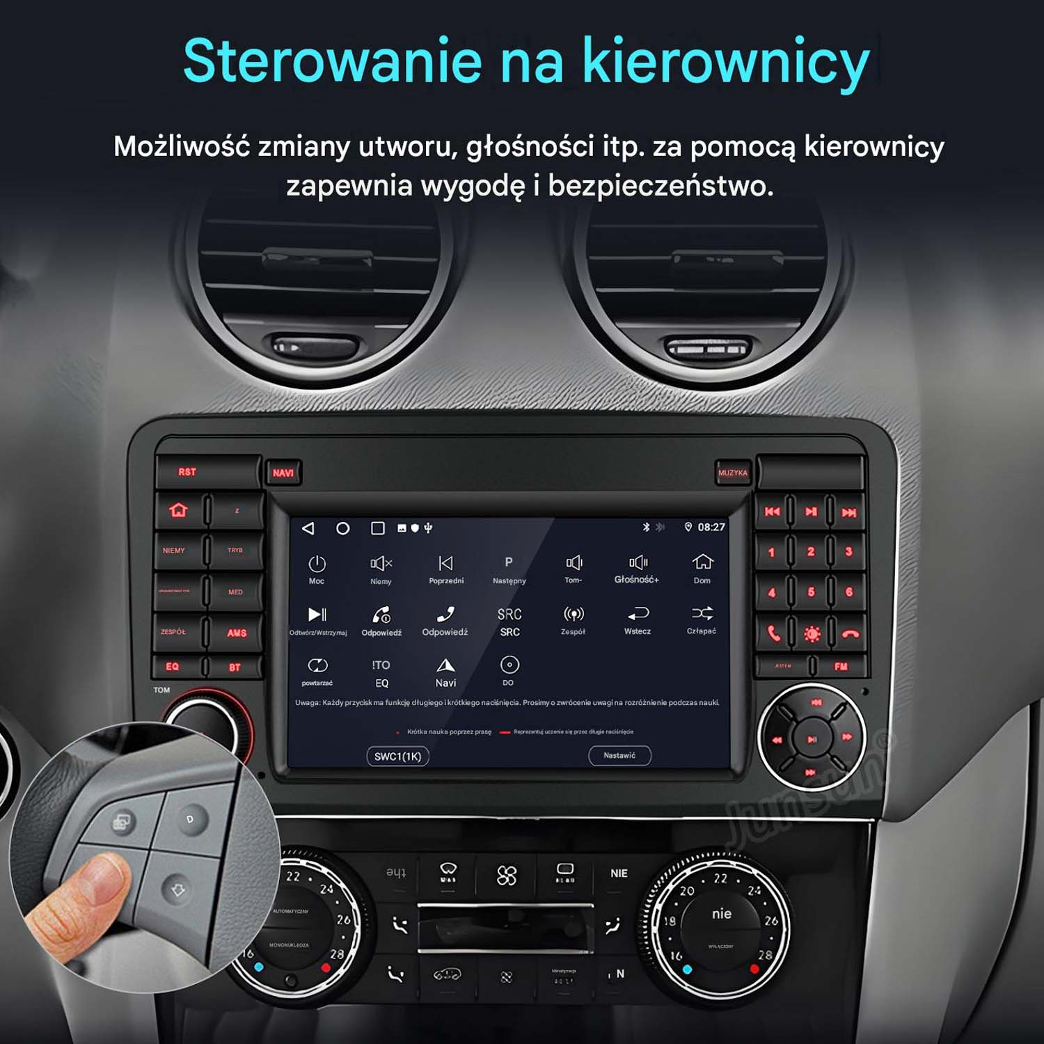System multimedialny samochodu z przyciskami na kierownicy i ekranem dotykowym.