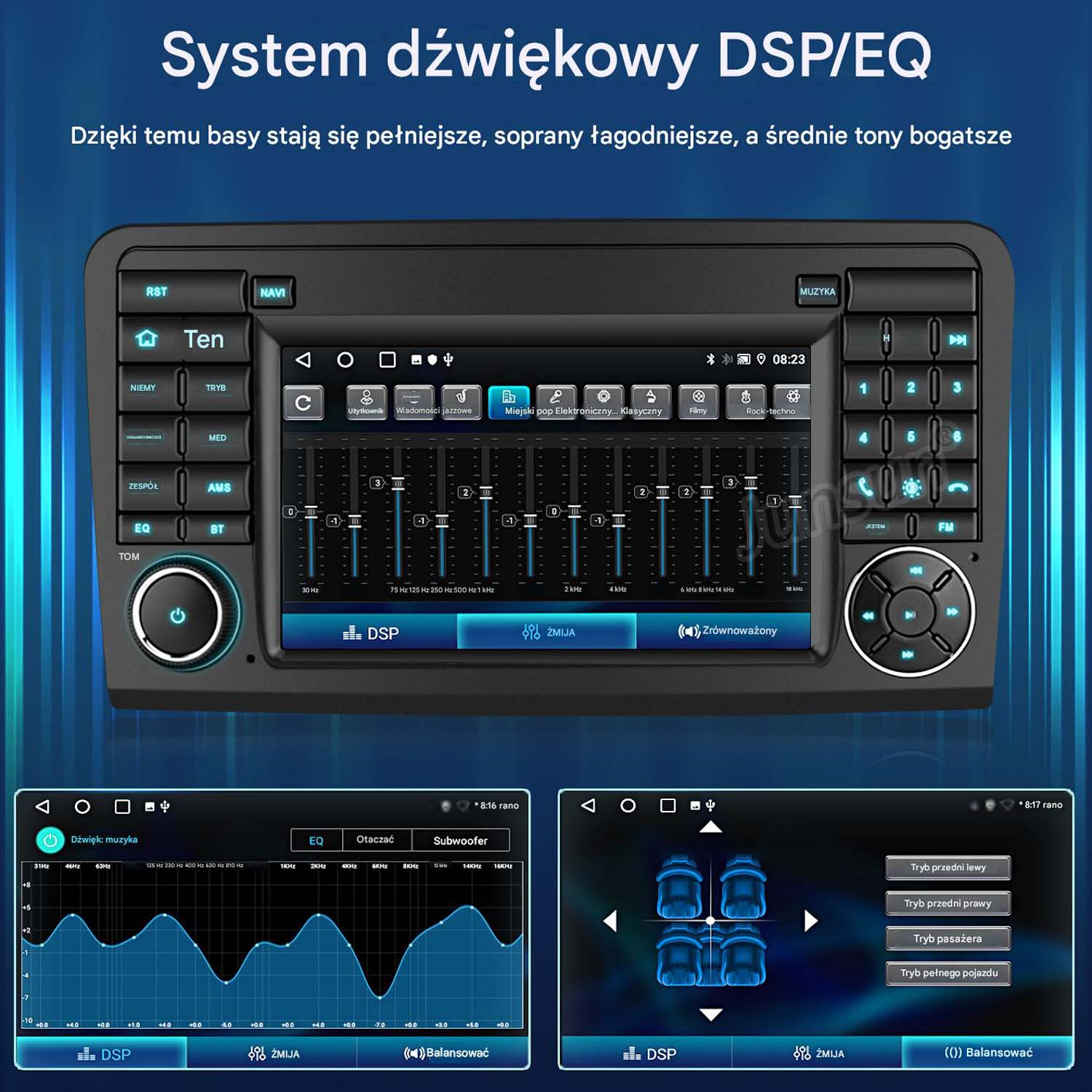 Ekran radia samochodowego z ustawieniami DSP/EQ i grafiką korektora.