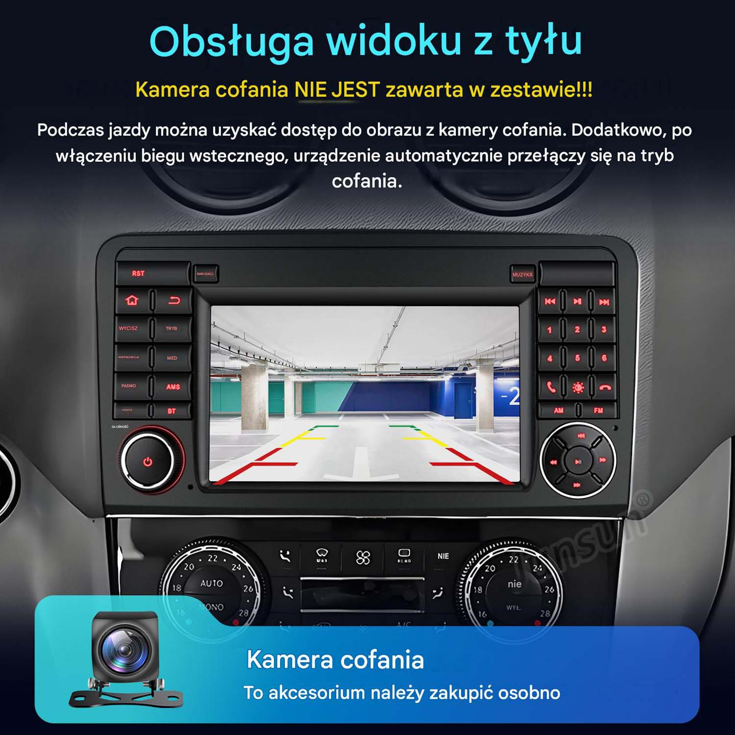 Wyświetlacz radia samochodowego pokazuje widok parkingu z kamery cofania.