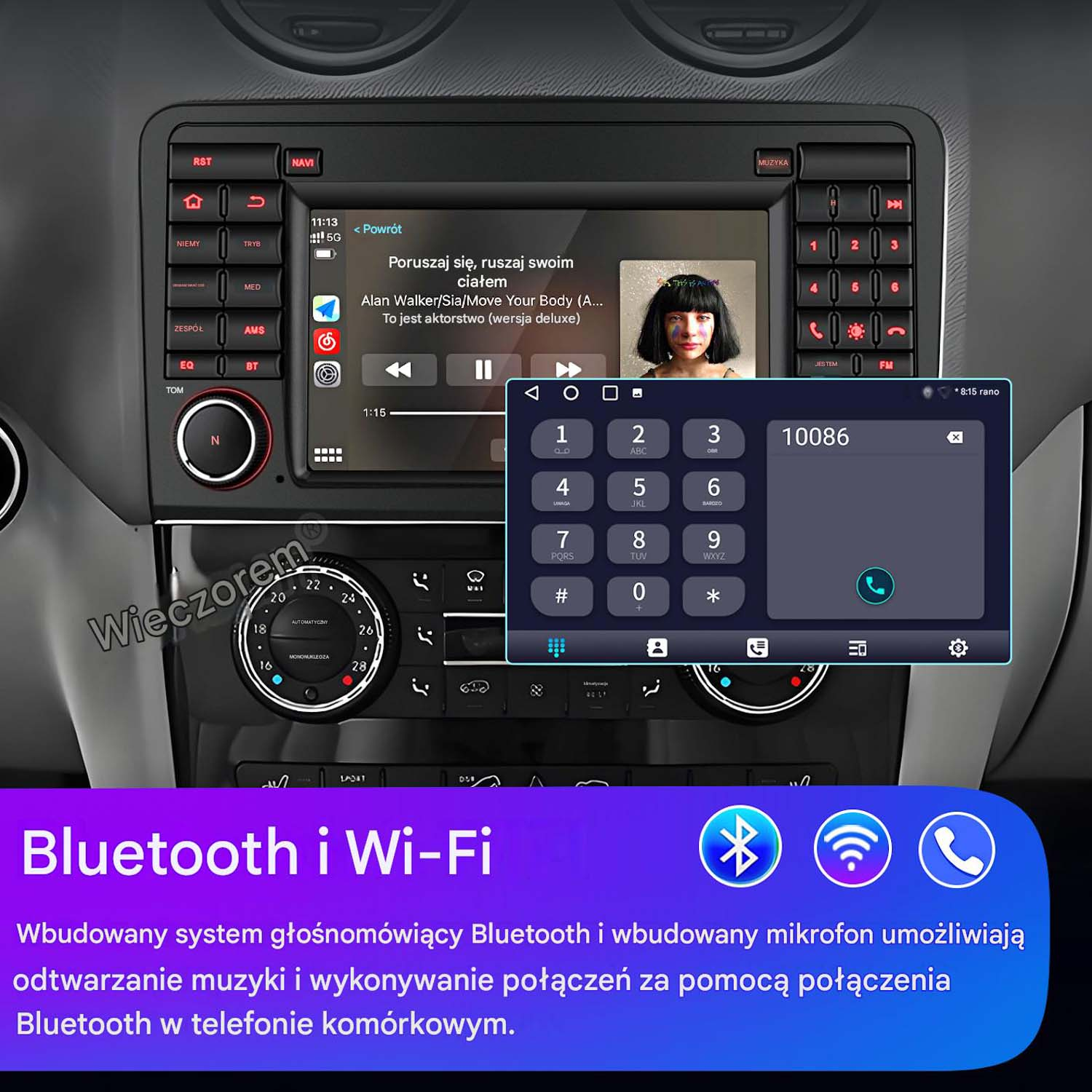 Samochodowy system infotainment wyświetlający klawiaturę telefonu, odtwarzanie muzyki i ikony Bluetooth/Wi-Fi.