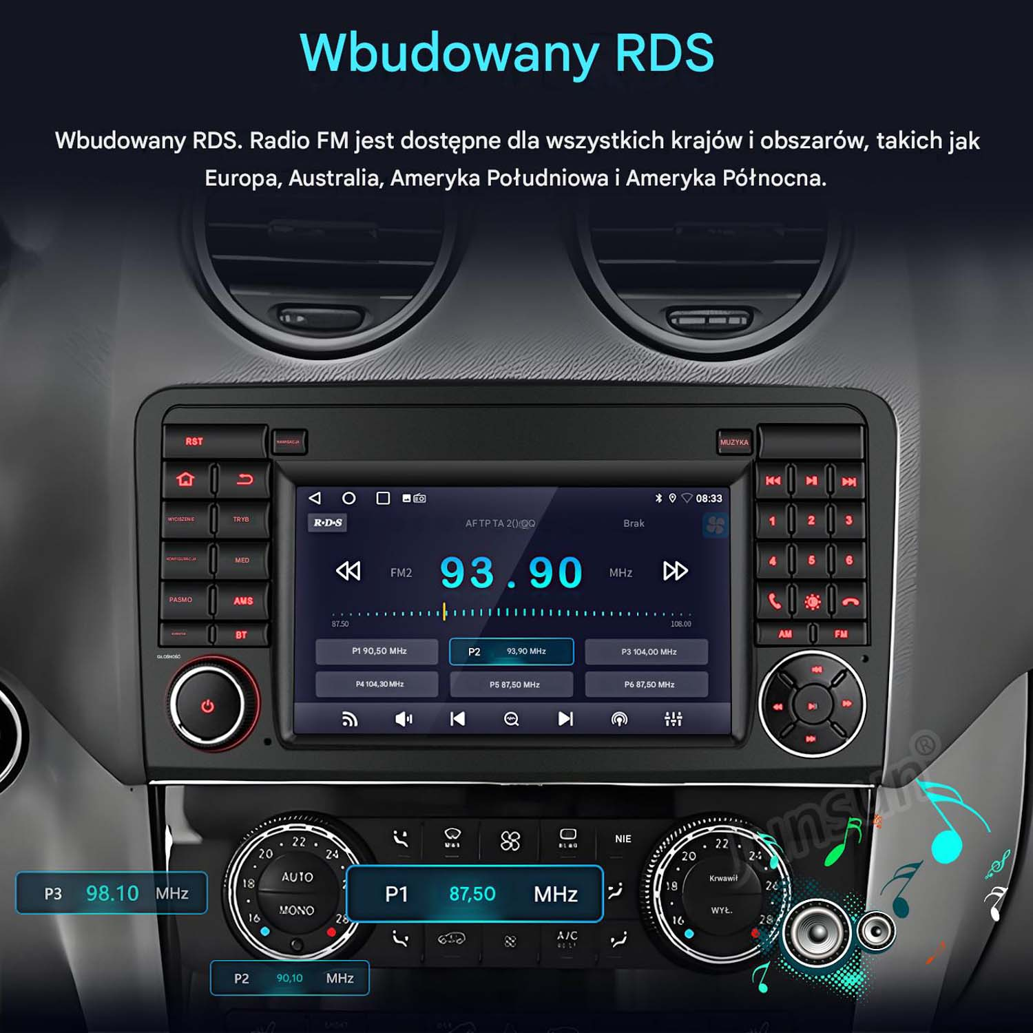 Radio samochodowe z wyświetlaczem RDS pokazujące 93,90 MHz FM.