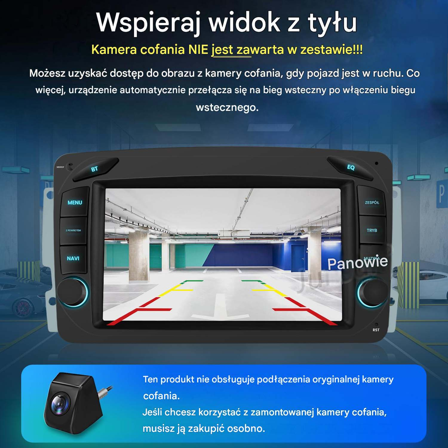 Ekran radia samochodowego pokazuje widok parkowania z liniami prowadzącymi i małą kamerą cofania.