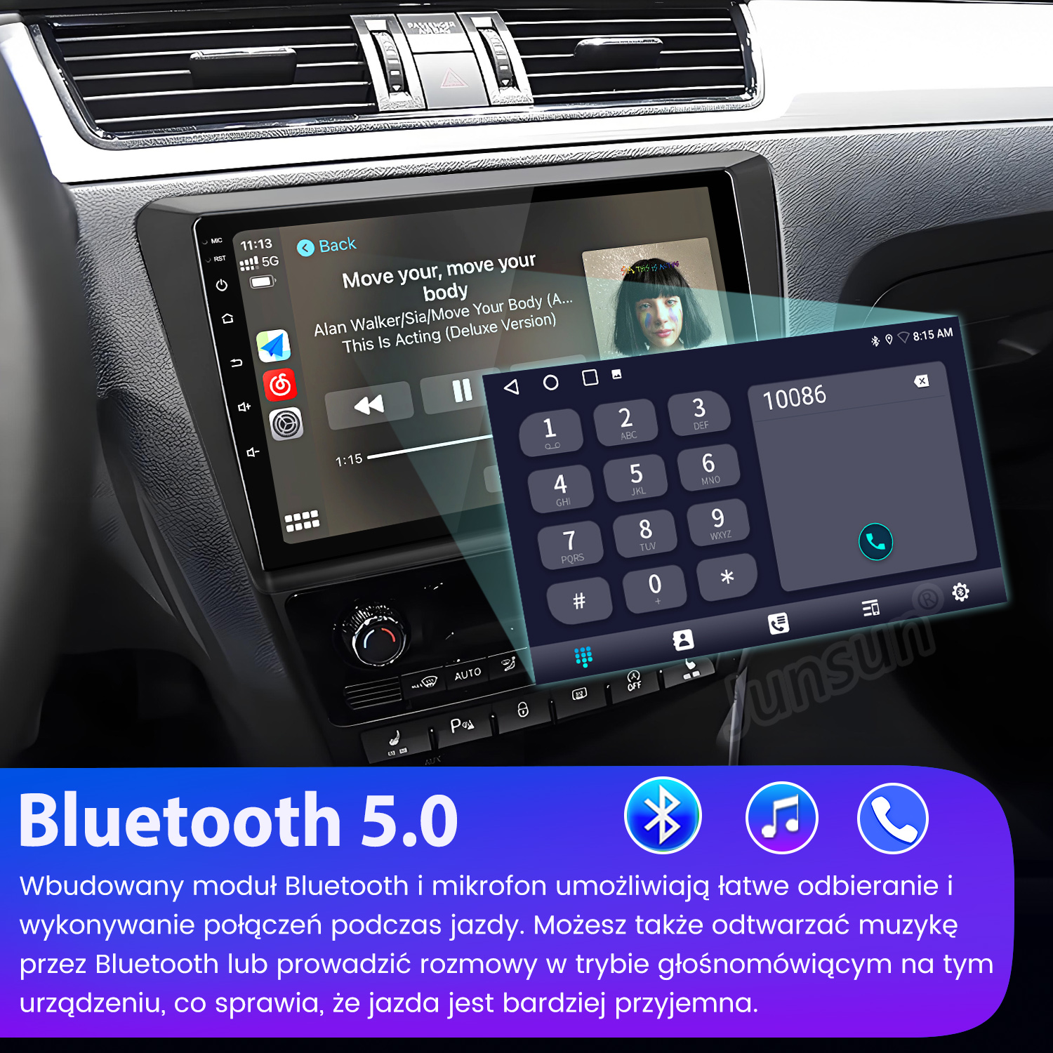 System multimedialny samochodu z odtwarzaczem muzyki i klawiaturą numeryczną. Bluetooth 5.0.