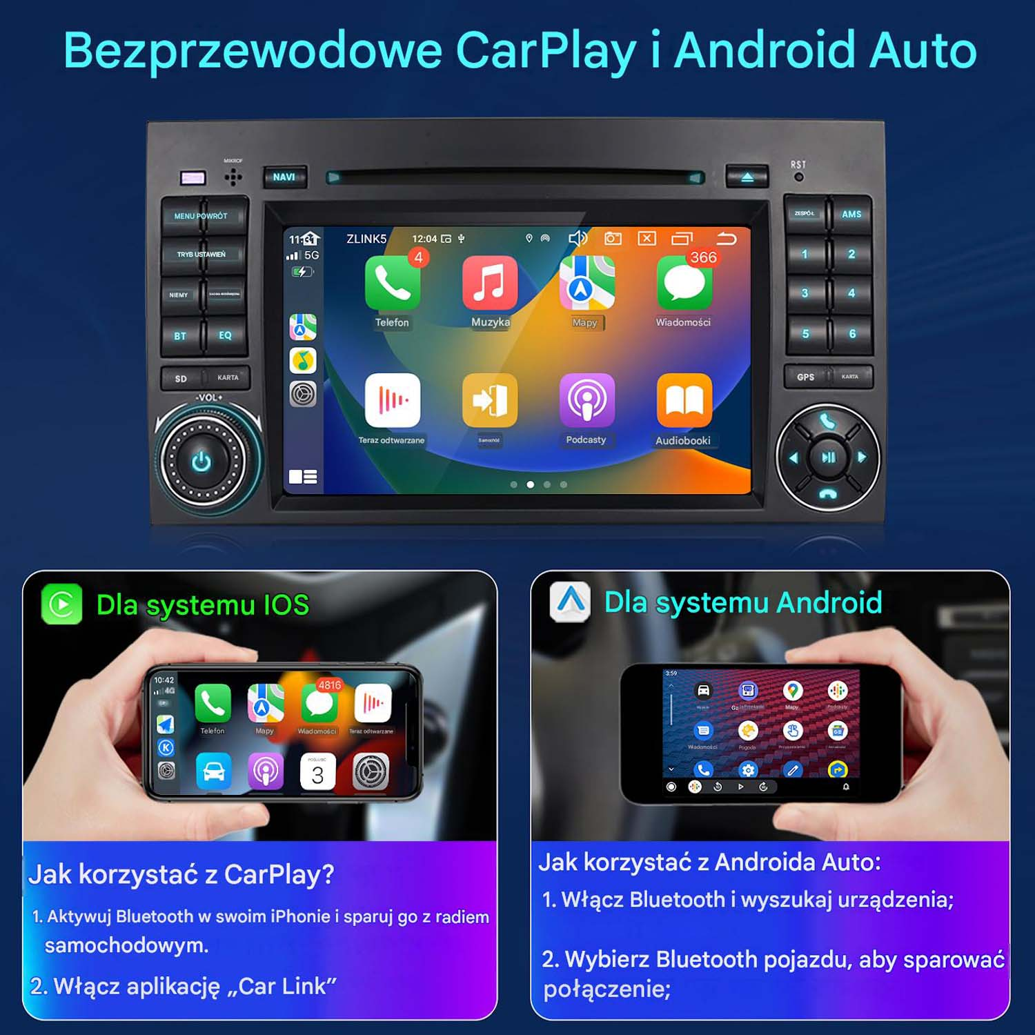 Radio samochodowe z ekranem dotykowym pokazuje aplikacje: Telefon, Muzyka, Mapy. iPhone i Android.