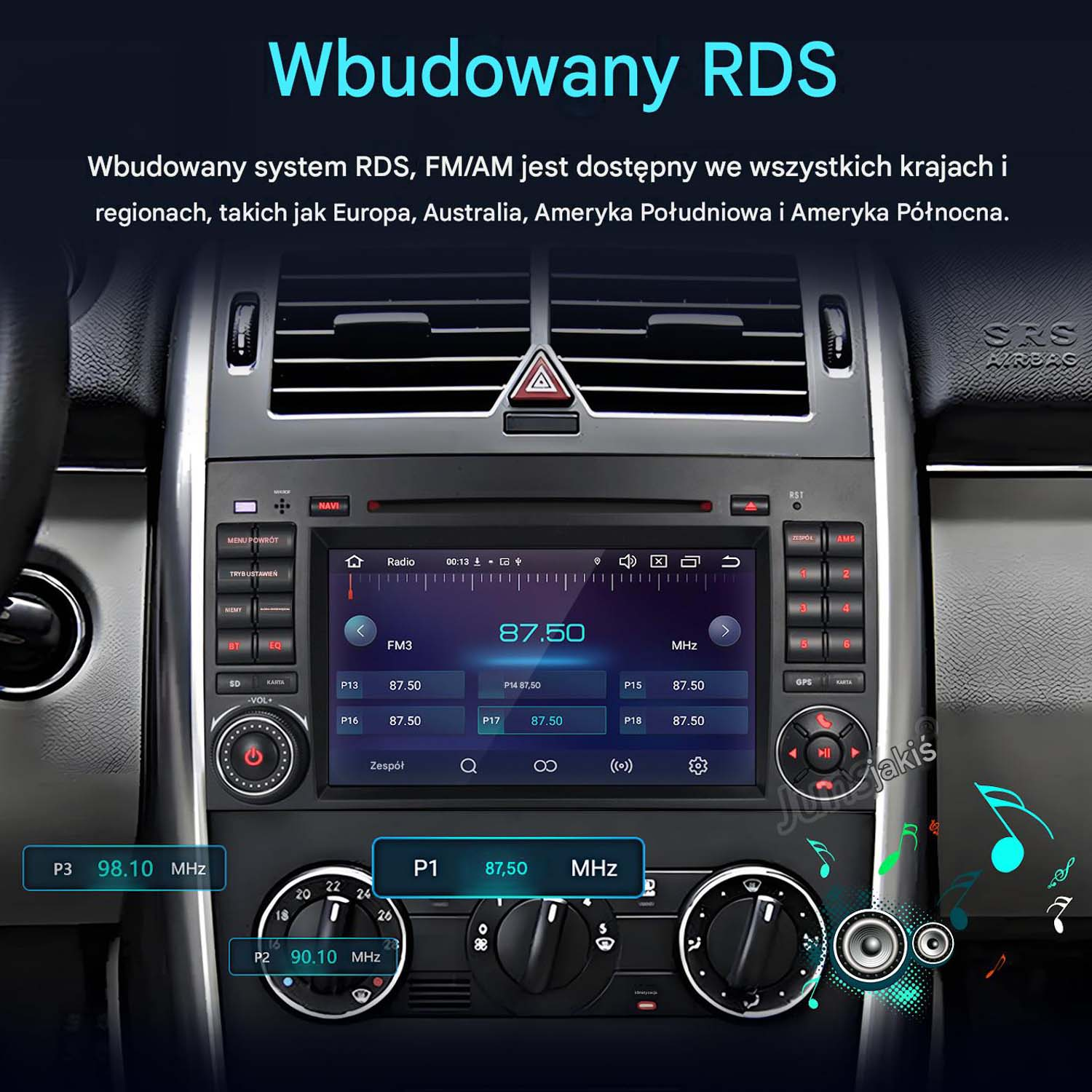 Radio samochodowe z wyświetlaczem RDS, stacja FM3 na 87,50 MHz i stacje zaprogramowane.