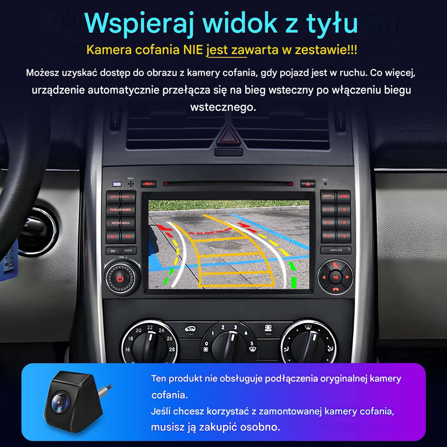 System infotainment samochodu z widokiem kamery cofania i osobną kamerą.