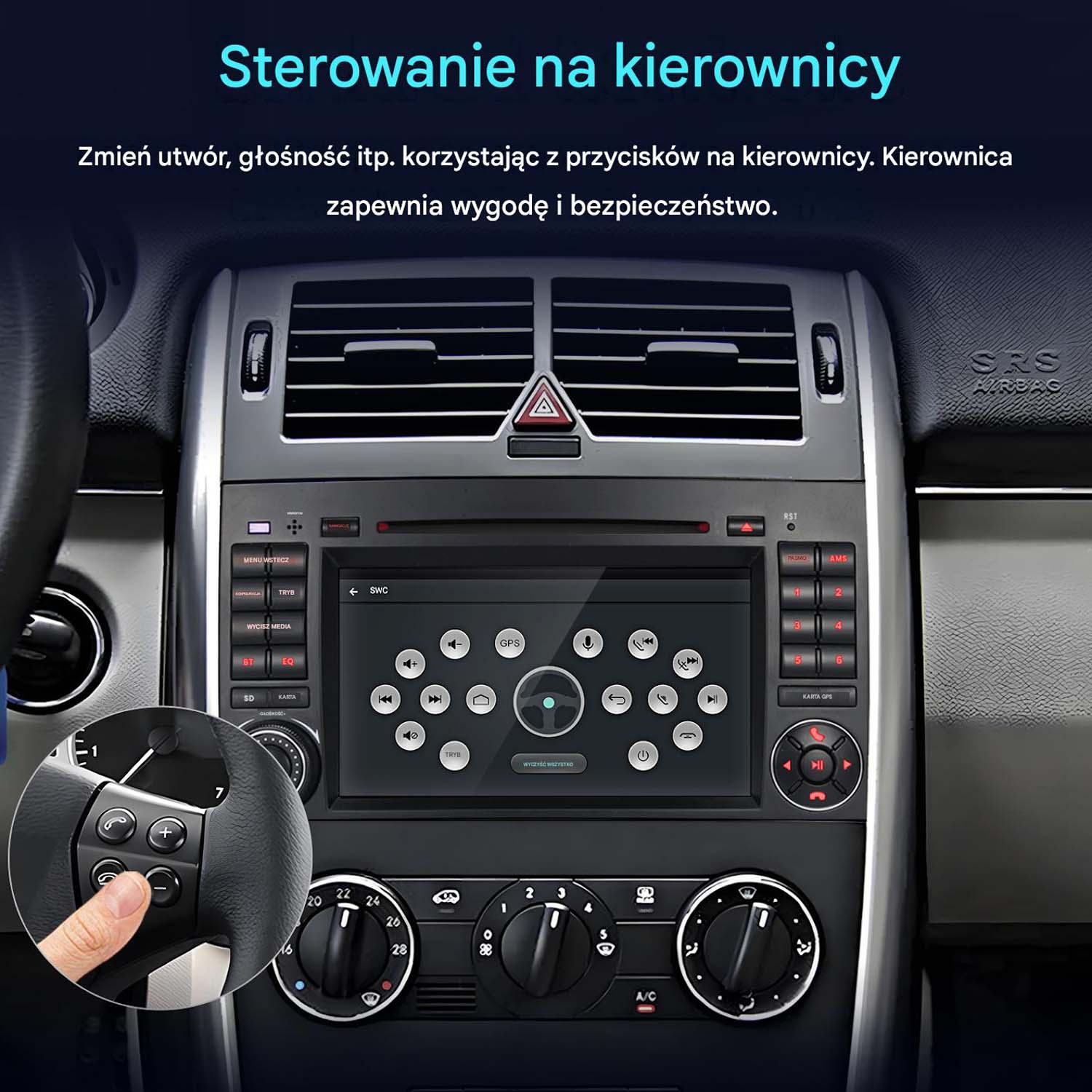 Palec naciska przycisk na kierownicy samochodu, obok systemu multimedialnego.