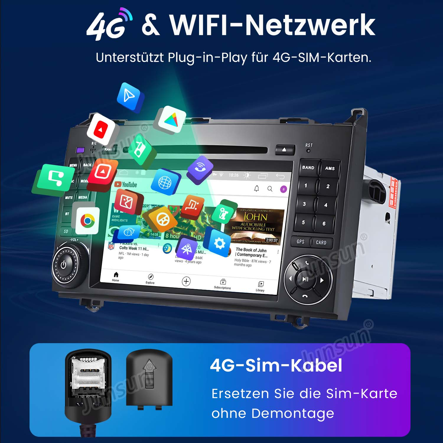 Radio samochodowe z aplikacjami i kartą SIM 4G. Wyświetla aplikację YouTube i ikony nawigacji.