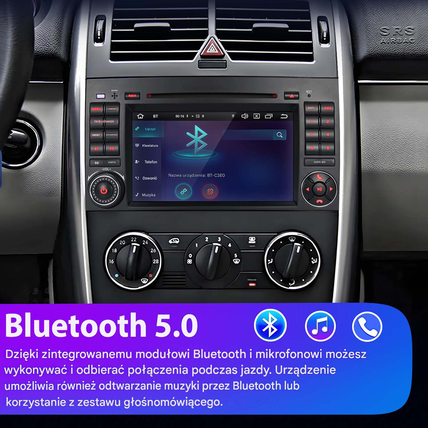 Deska rozdzielcza samochodu z ekranem multimedialnym pokazującym opcje i kontrolki Bluetooth.