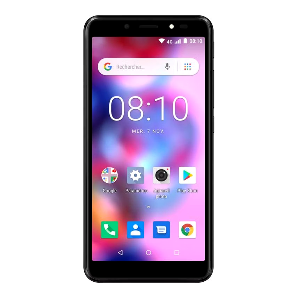 Smartphone nero con sfondo sfumato rosa e blu, ora 08:10.
