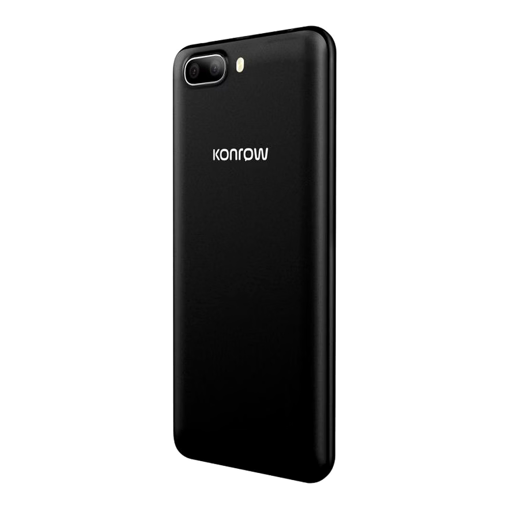 Retro di uno smartphone nero con doppia fotocamera e logo Konrow.