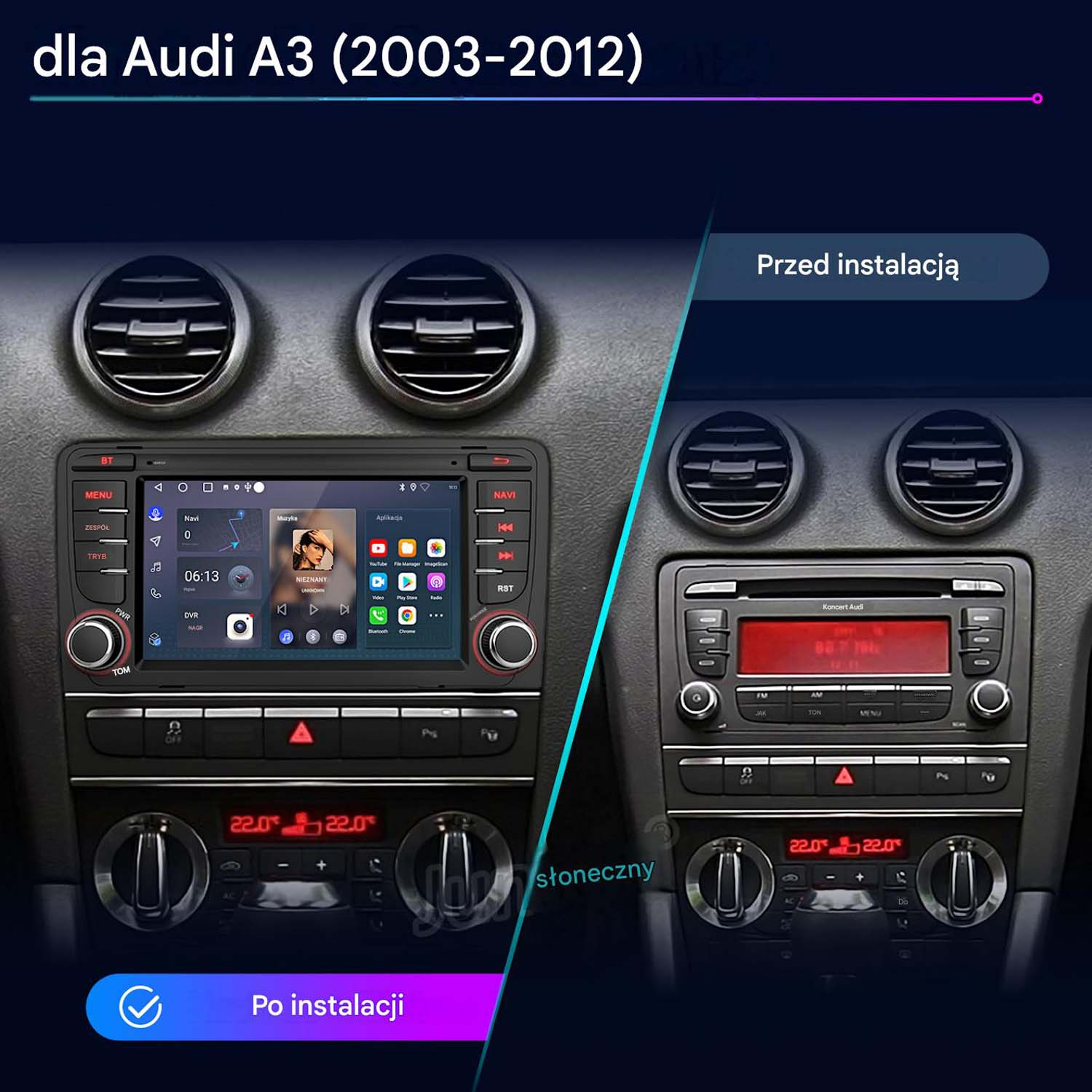 Porównanie Audi A3 przed i po modernizacji radia z ekranem dotykowym.