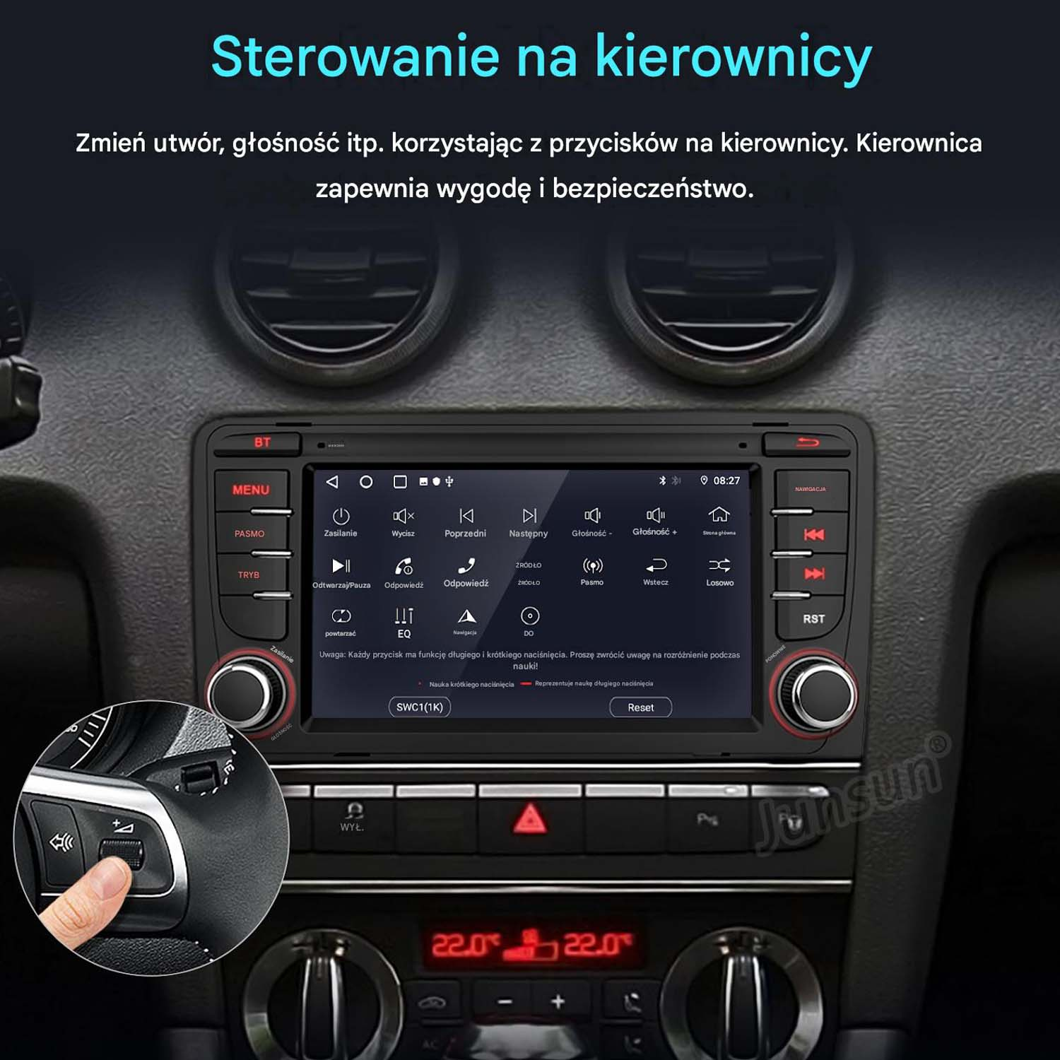 Ekran radia samochodowego z przyciskami na kierownicy i opcjami menu.