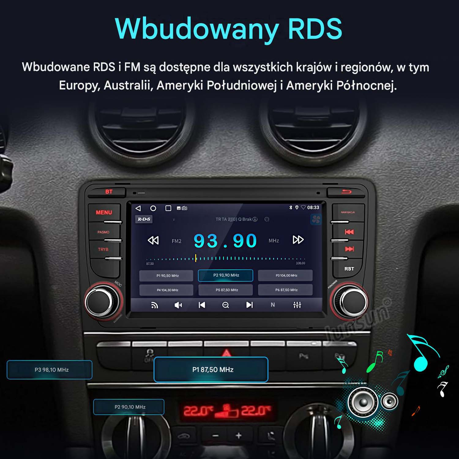 Wyświetlacz radia samochodowego pokazuje 93.90 MHz FM2 ze szczegółami stacji i zaprogramowanymi częstotliwościami.