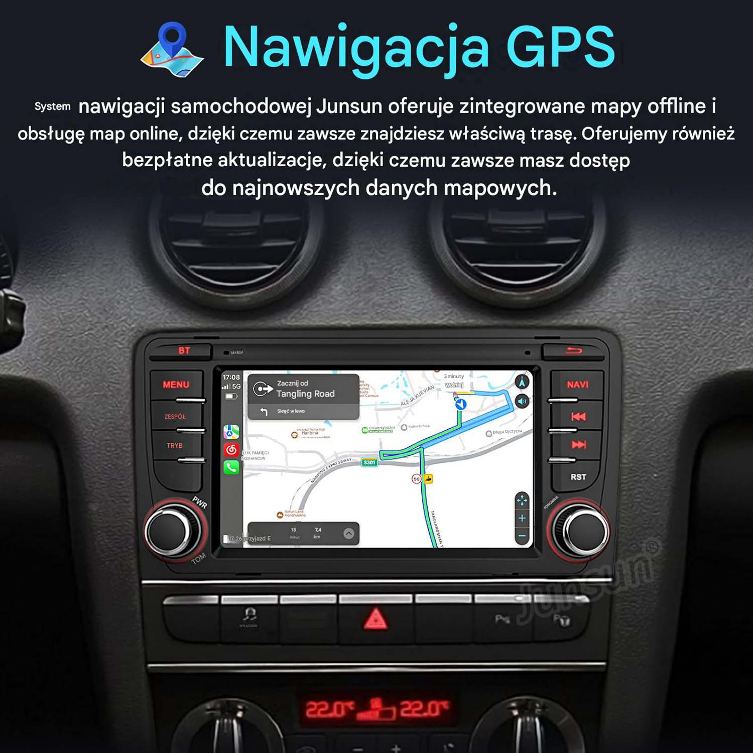 System nawigacji samochodowej pokazuje mapę drogową z trasą. Widoczne sterowanie klimatyzacją.