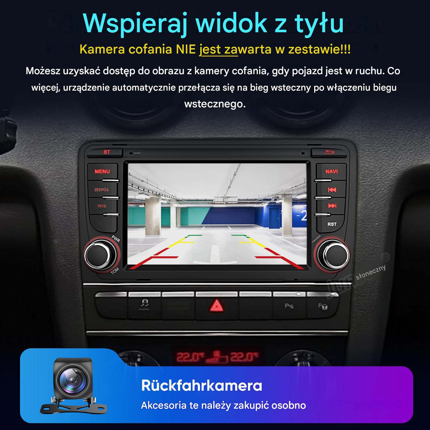 Radio samochodowe z widokiem z kamery cofania i osobną kamerą.