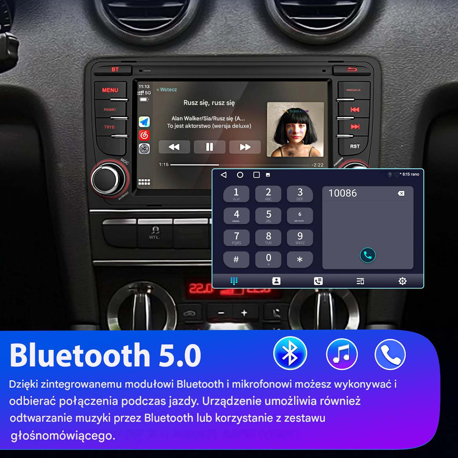 Wyświetlacz samochodowy pokazuje odtwarzanie muzyki i klawiaturę z Bluetooth 5.0.