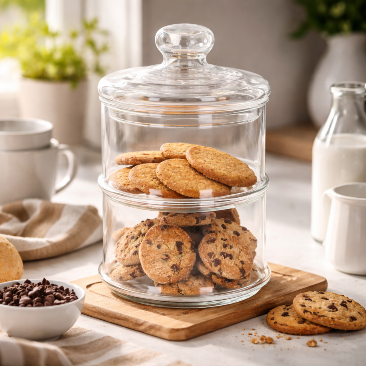 A clear glass tiered cookie jar holds oatmeal and chocolate chip cookies. 
