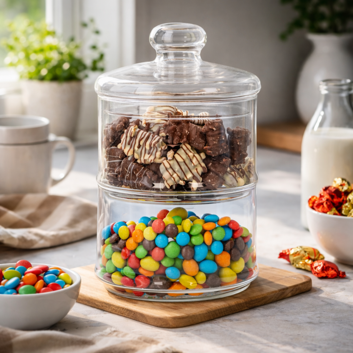A two-tiered glass jar filled with colorful candies and chocolate treats.