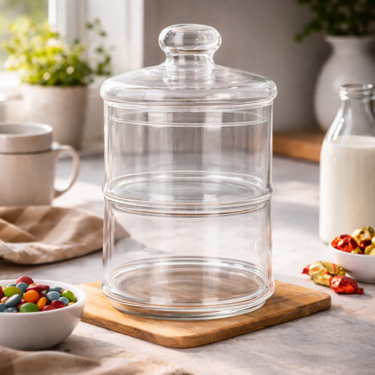 An empty, three-tiered glass candy jar sits on a wooden board. Nearby are a bowl of candies and chocolates.
