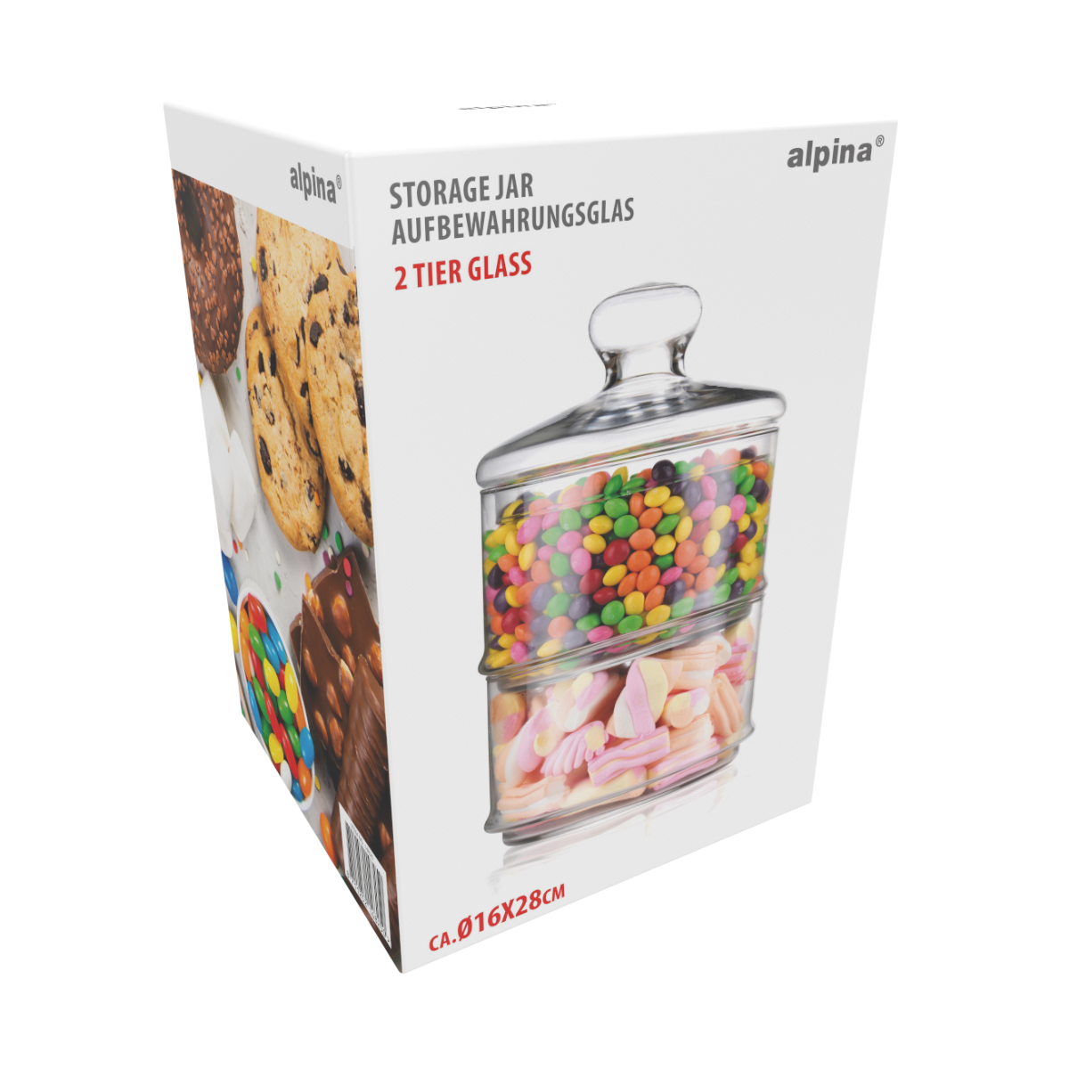 Two-tier glass jar filled with colorful candies and marshmallows.
