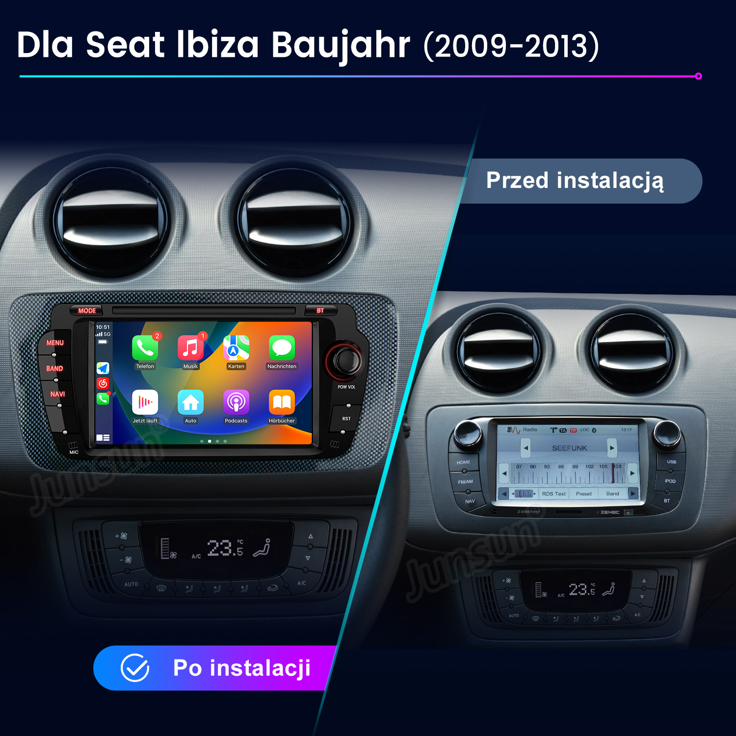 Porównanie multimediów Seat Ibiza: Przed i po instalacji z ekranem dotykowym.