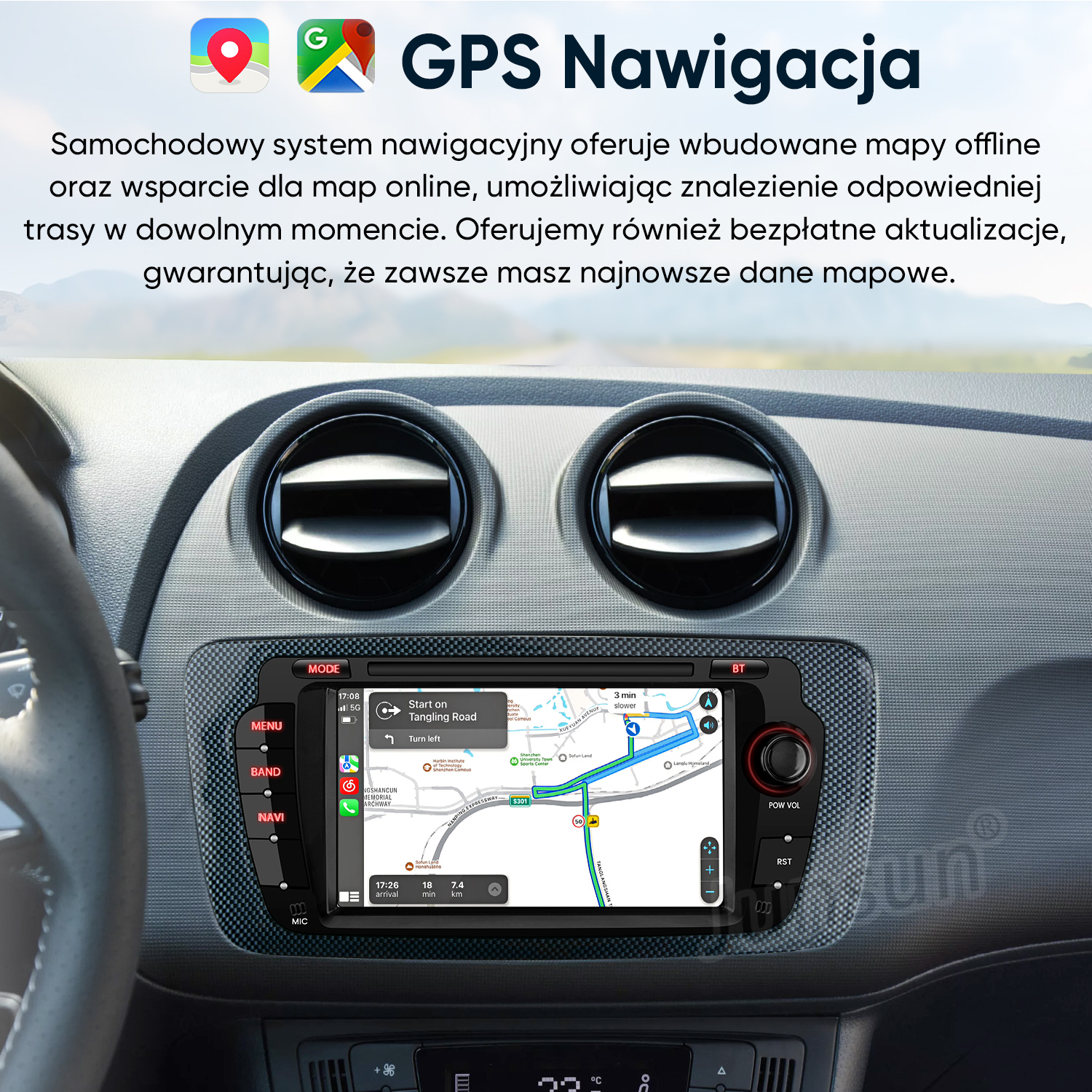 System nawigacji samochodowej z mapami offline, pokazujący trasę na ekranie.