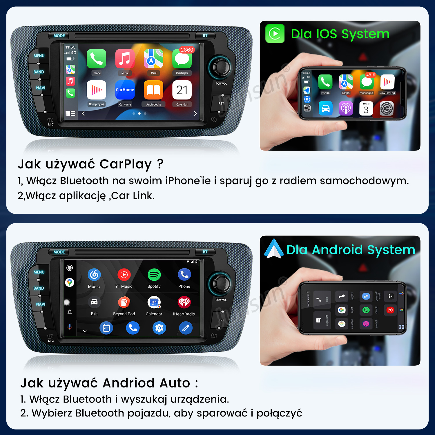 Zrzut ekranu systemu infotainment pokazujący interfejsy CarPlay i Android Auto.