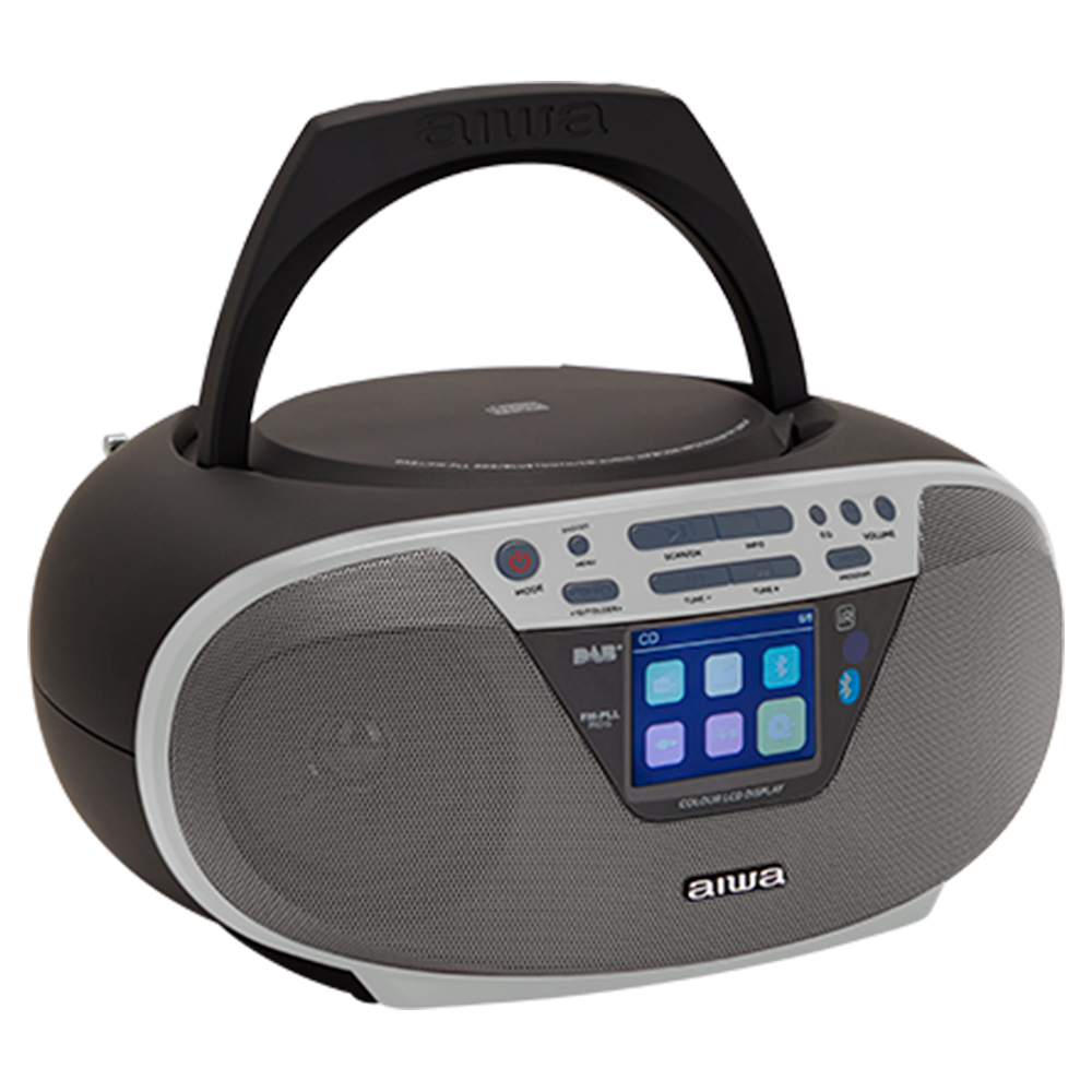 Czarny boombox Aiwa z srebrnym wykończeniem, odtwarzaczem CD, radiem DAB i kolorowym wyświetlaczem.
