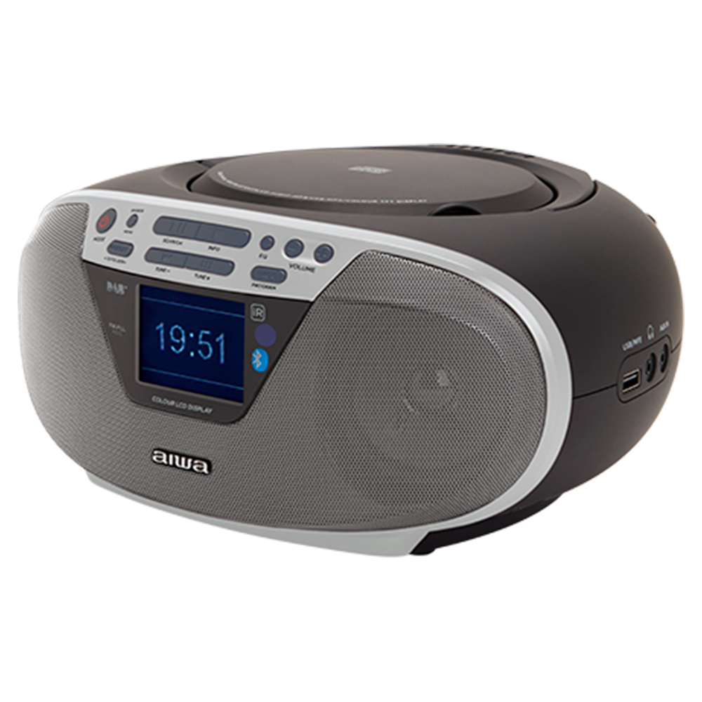 Czarny boombox z odtwarzaczem CD, wyświetlaczem i głośnikiem. Białe przyciski.