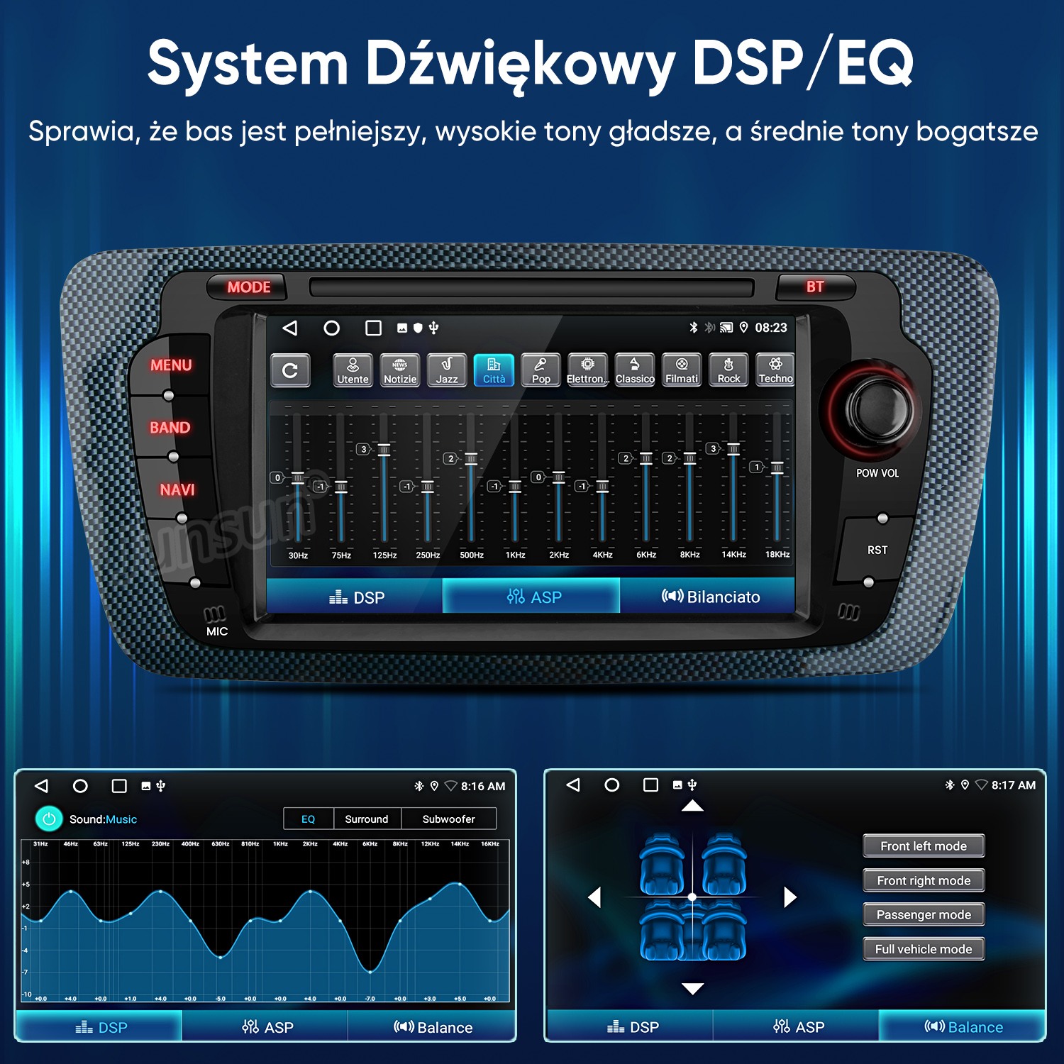 System infotainment samochodu z ustawieniami EQ i DSP, dwa ekrany.