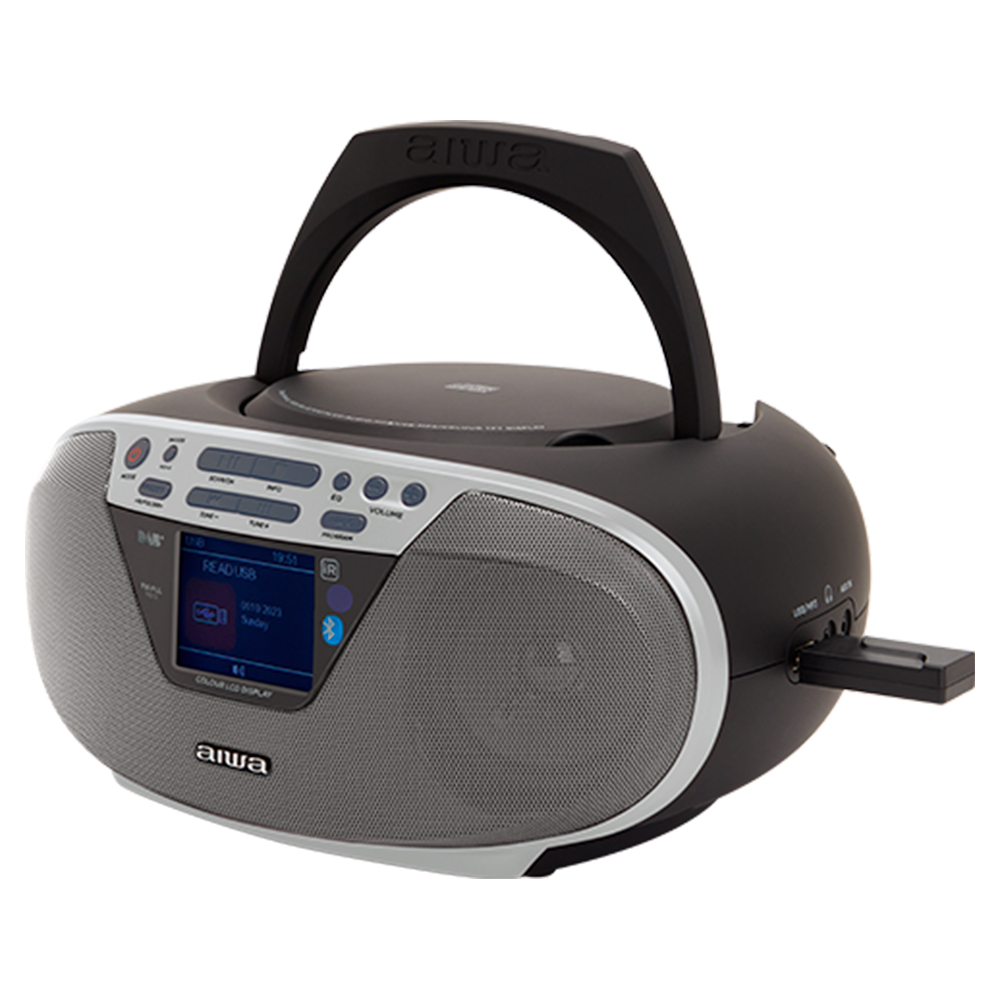Przenośny odtwarzacz CD Aiwa z radiem, Bluetooth i USB, czarno-srebrny.
